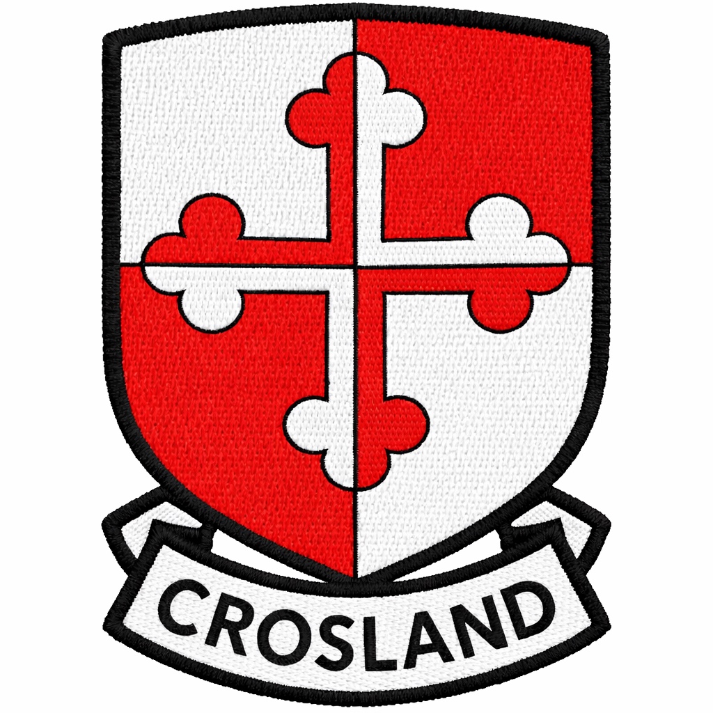 shelid with read and white cross and crosland banner
