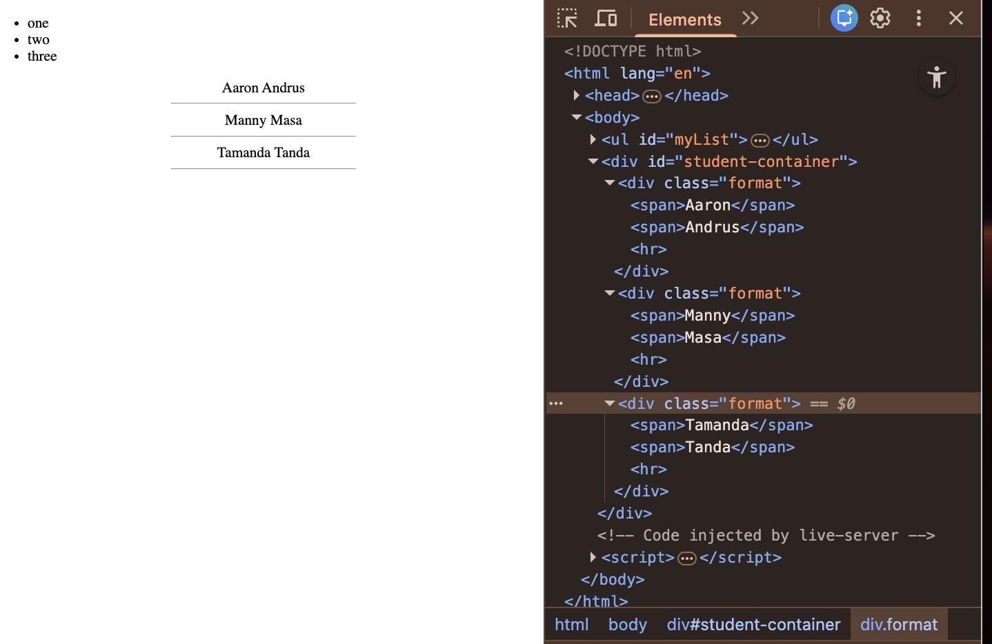 Browser window showing a webpage with a bulleted list (“one,” “two,” “three”) and formatted student names, alongside the Chrome DevTools Elements panel displaying the corresponding HTML structure.