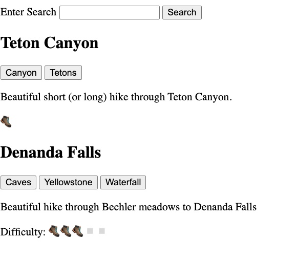 Hiking trail list with tags and difficulty icons.