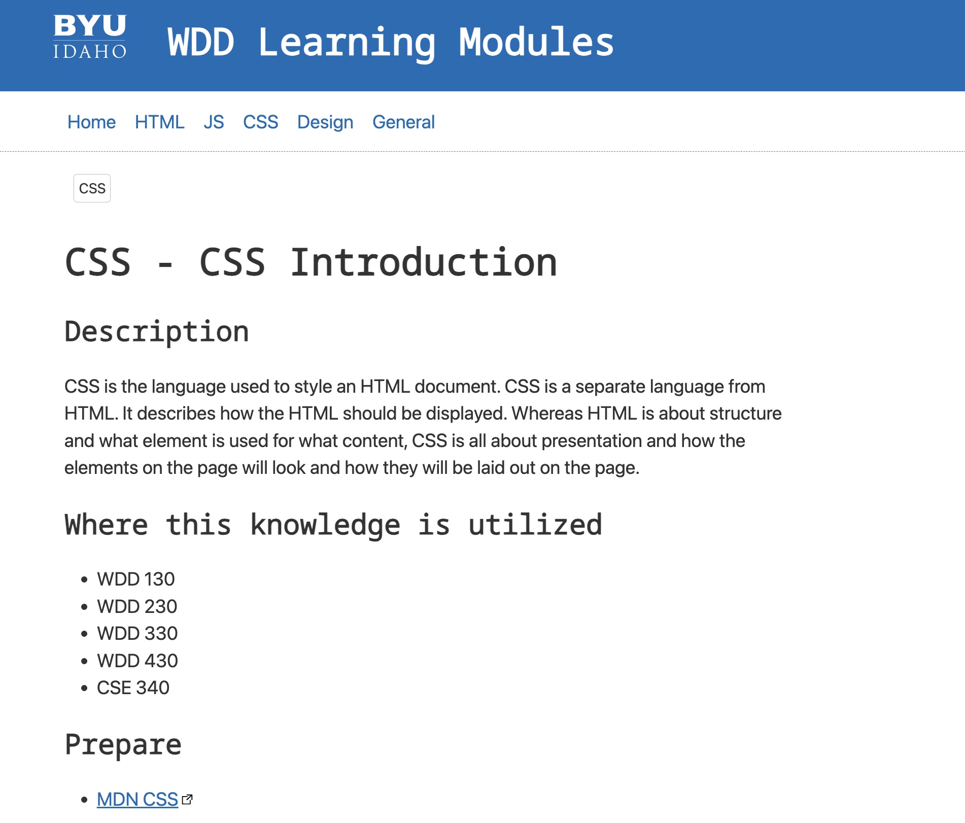 CSS Introduction page from BYU-Idaho WDD Learning Modules.