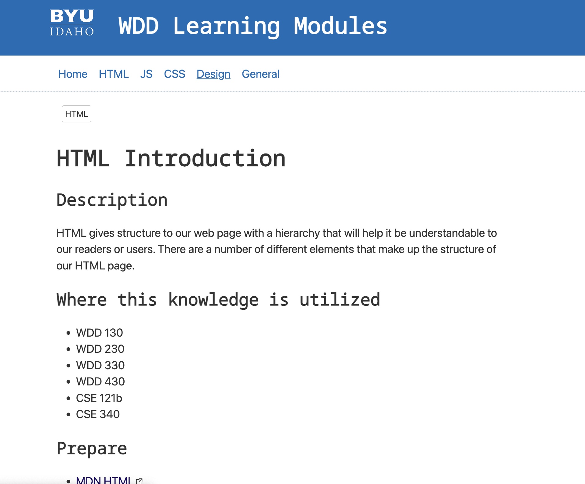 HTML Introduction page from BYU-Idaho WDD Learning Modules.