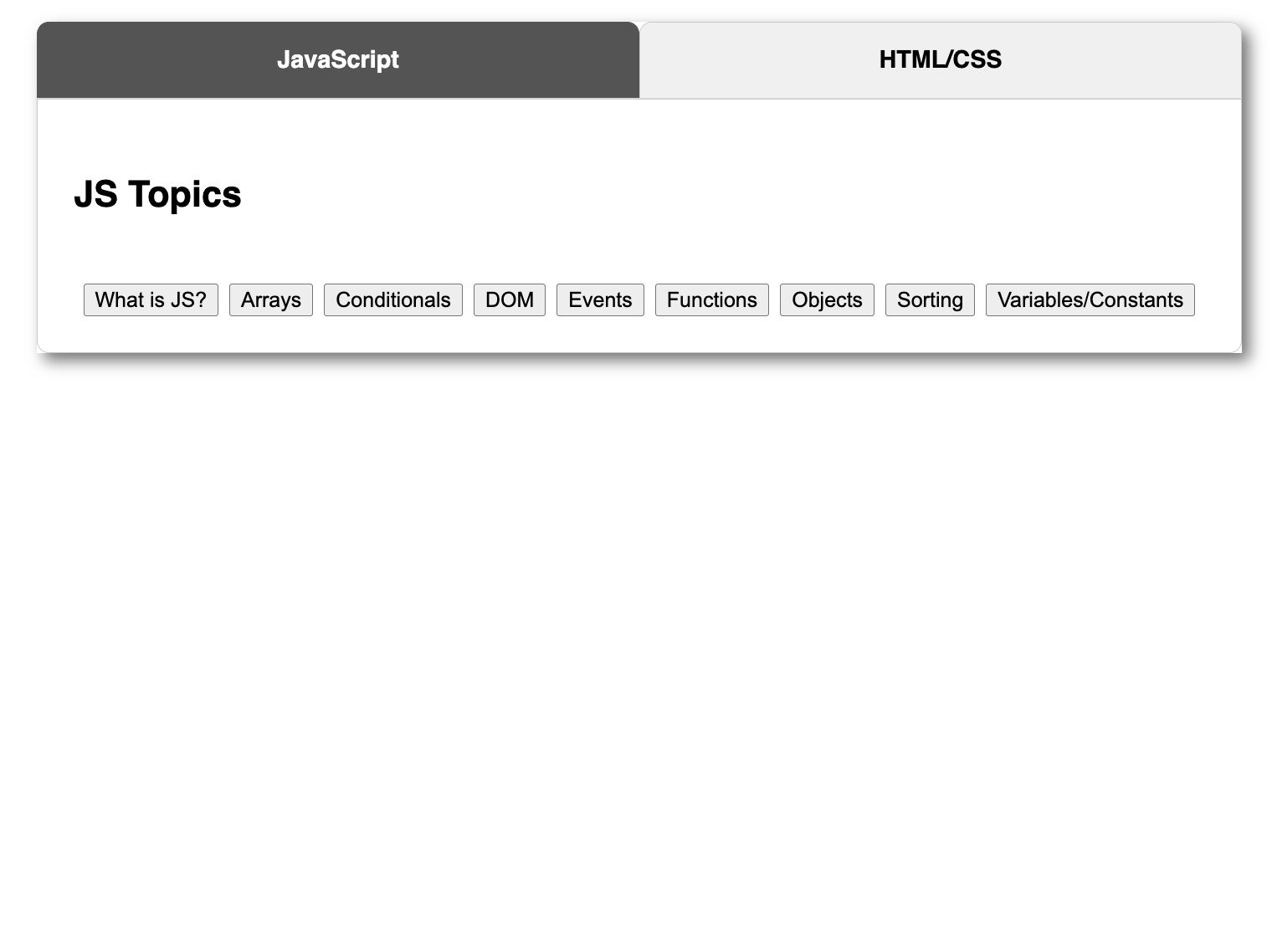 Webpage with tabs for JavaScript and HTML/CSS and buttons for different programming topics