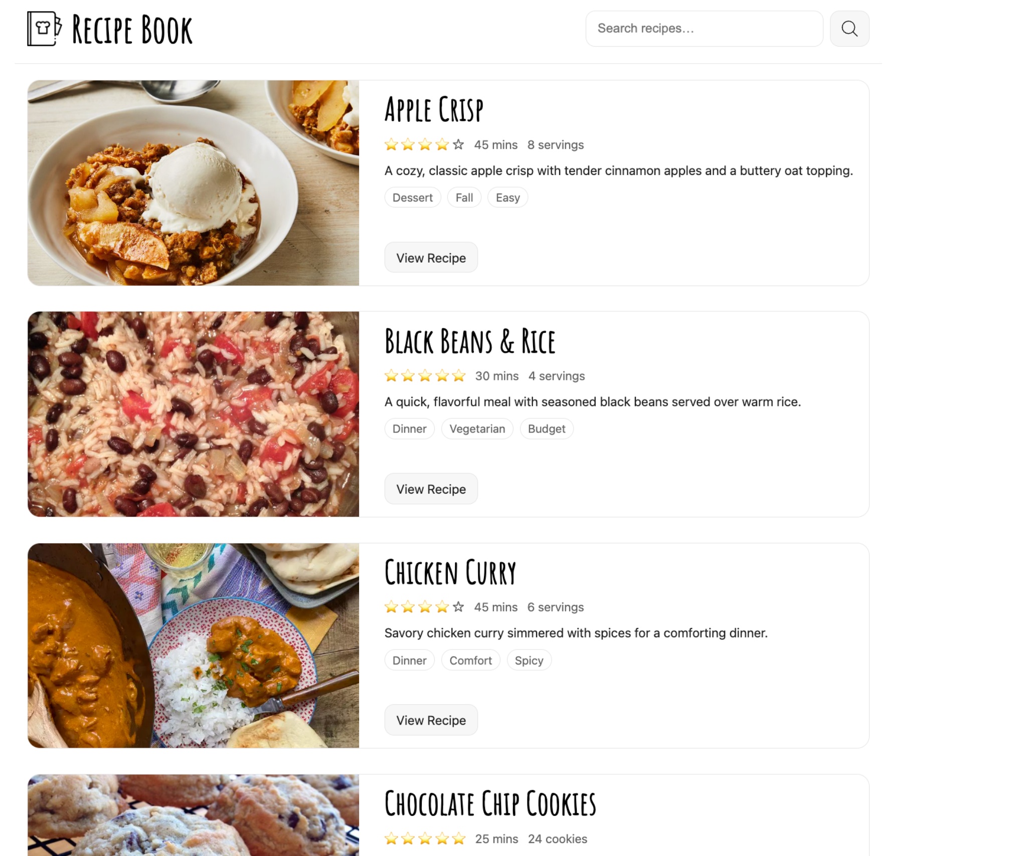 Recipe list with apple crisp, black beans and rice, chicken curry, and chocolate chip cookies